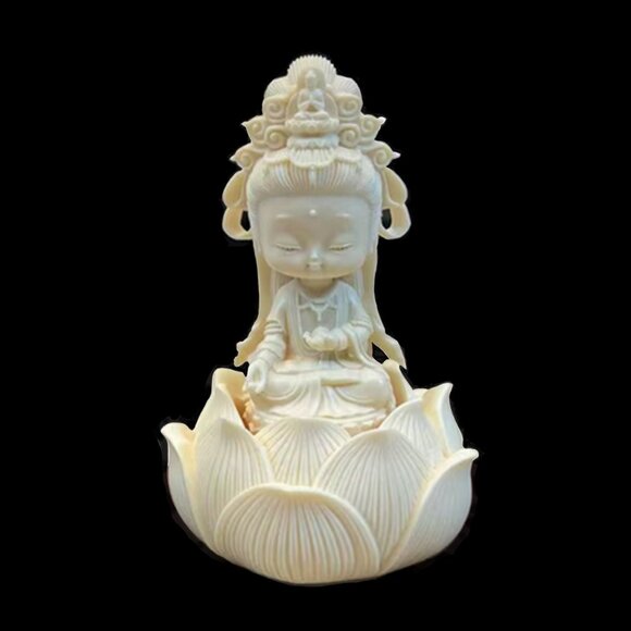 Mini GUANYIN BUDDHA Statue in Lotus Flower Small Baby -Ivory Resin-Bodhisattva - Picture 12 of 12